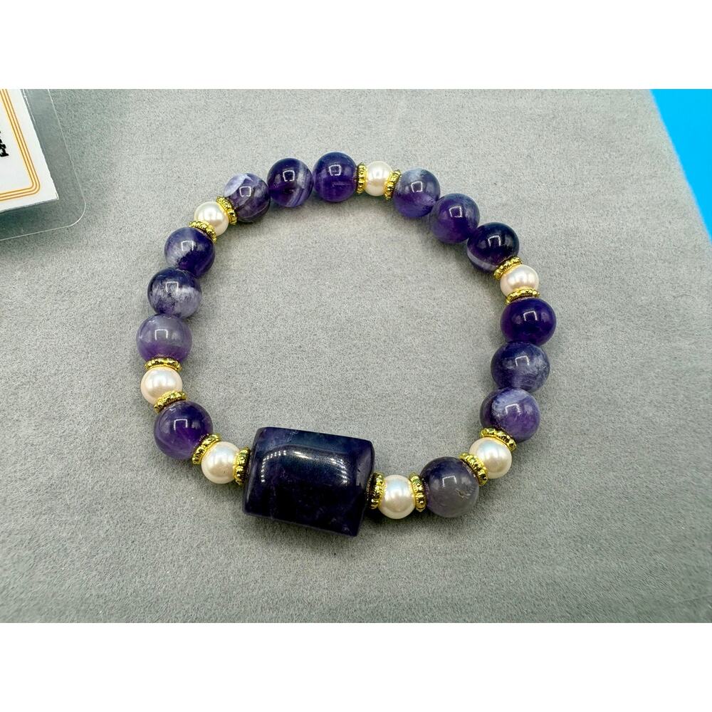 Natural Amethyst & Pearl Beaded Bracelet– w/ Certificate - Picture 4 of 8